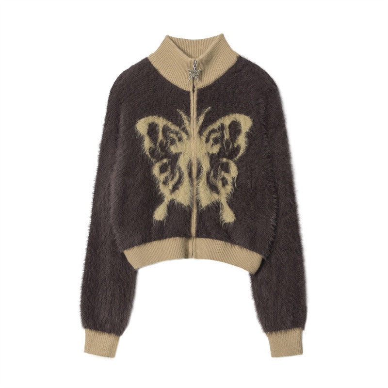 Stand Collar Butterfly Embroidered Cardigan NR7004