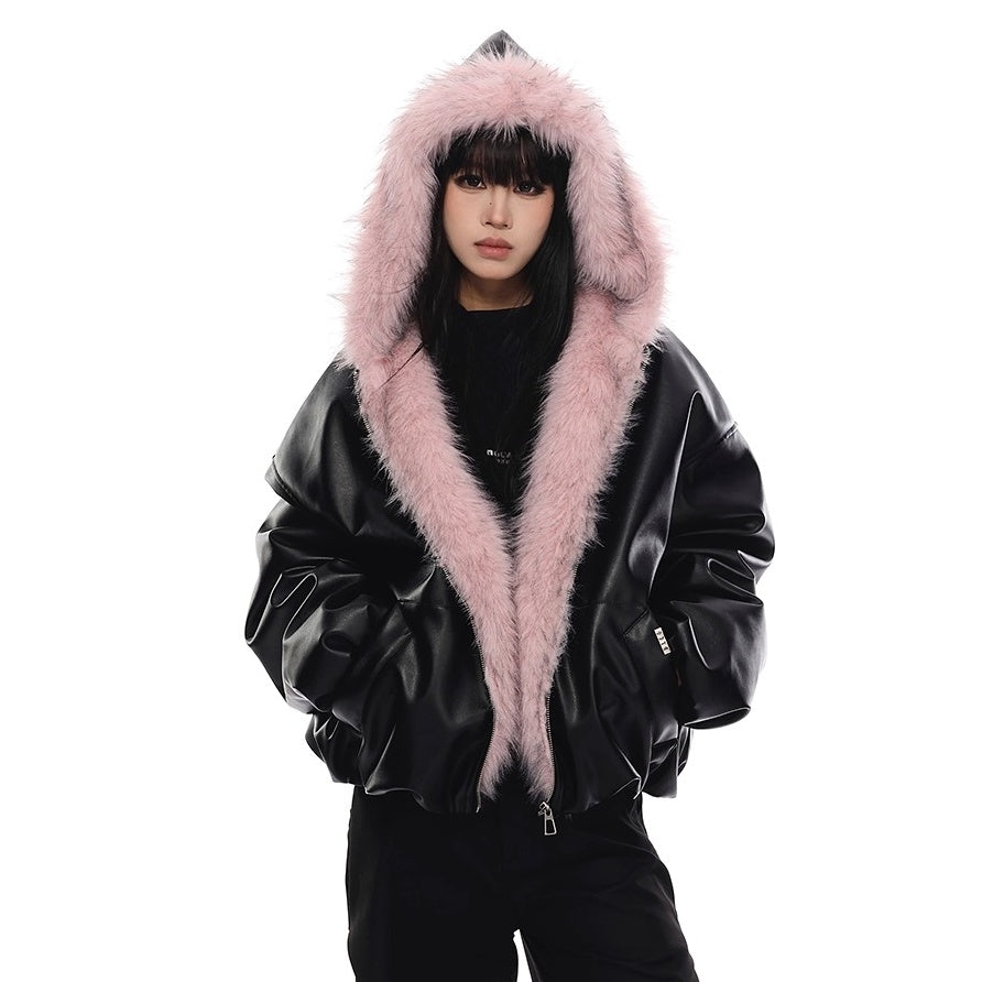 Fur Collar PU Hooded Jacket VI2014