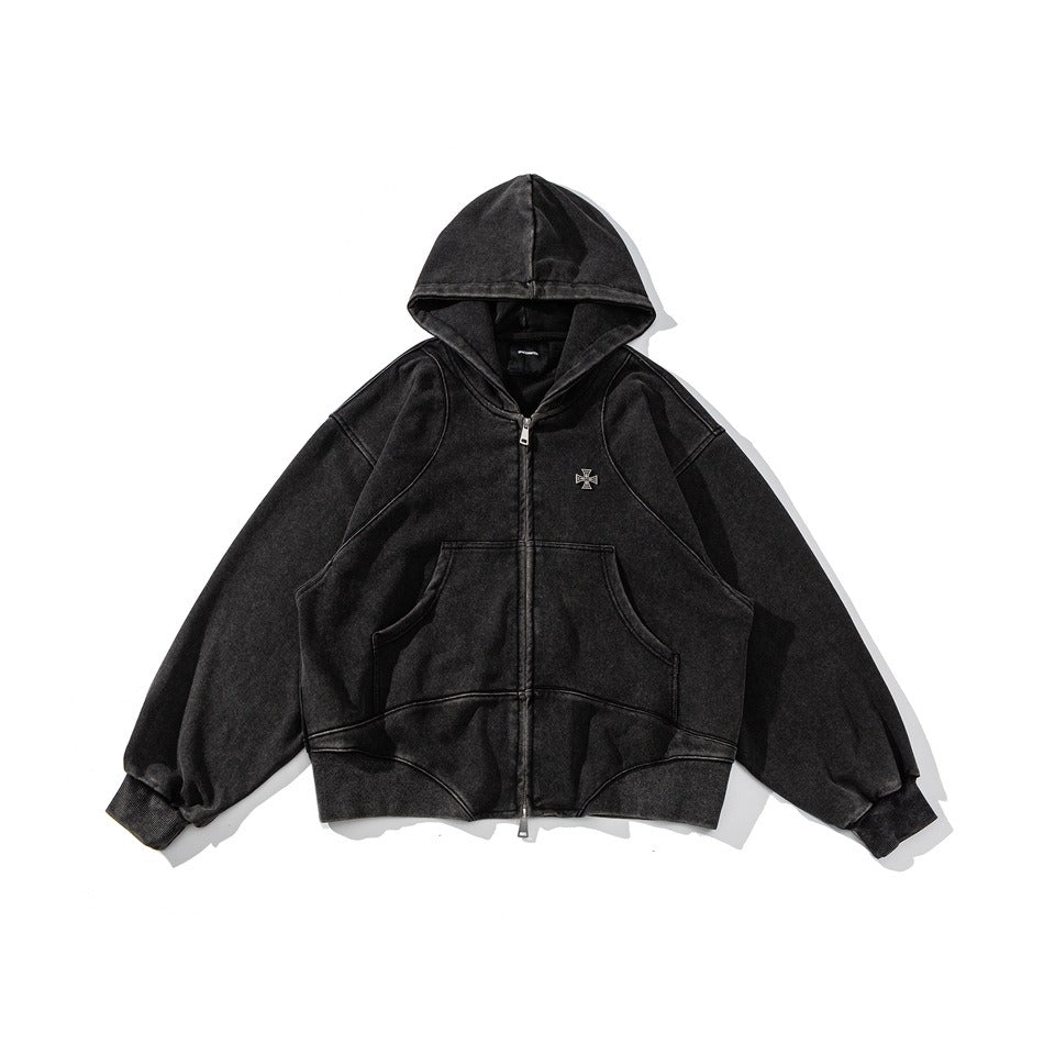 Wash Vintage Cross Badge Loose Hooded Jacket MW10281