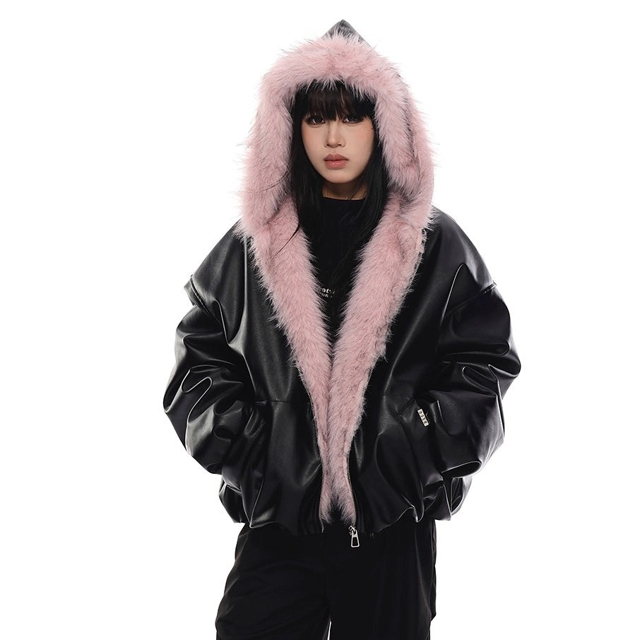 Fur Collar PU Hooded Jacket VI2014