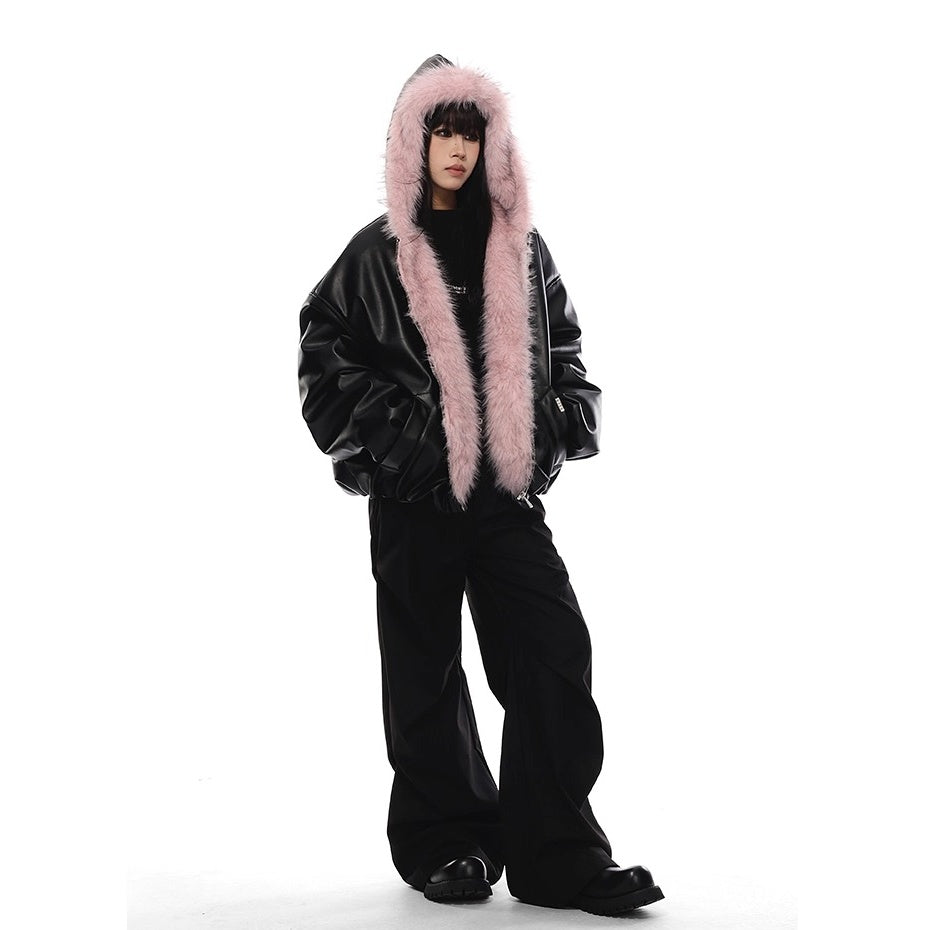 Fur Collar PU Hooded Jacket VI2014