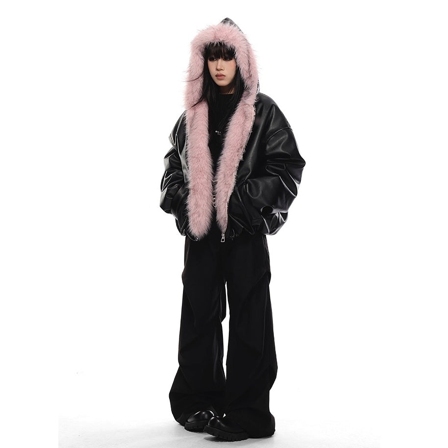 Fur Collar PU Hooded Jacket VI2014