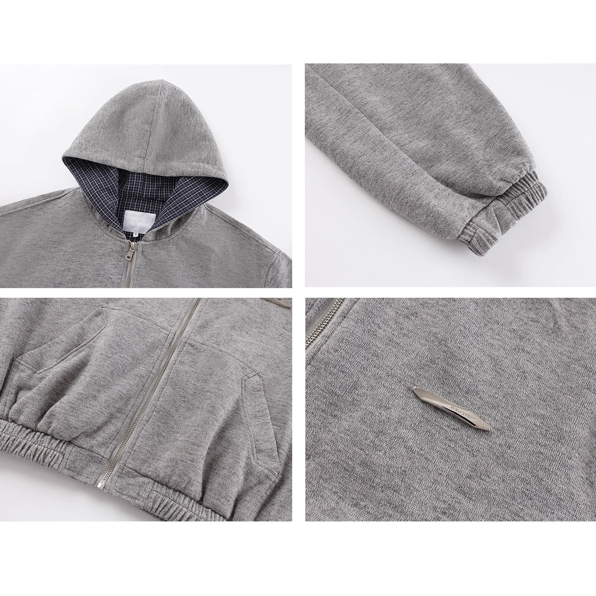 Plaid Stitching Zip Hooded Parka MN9042