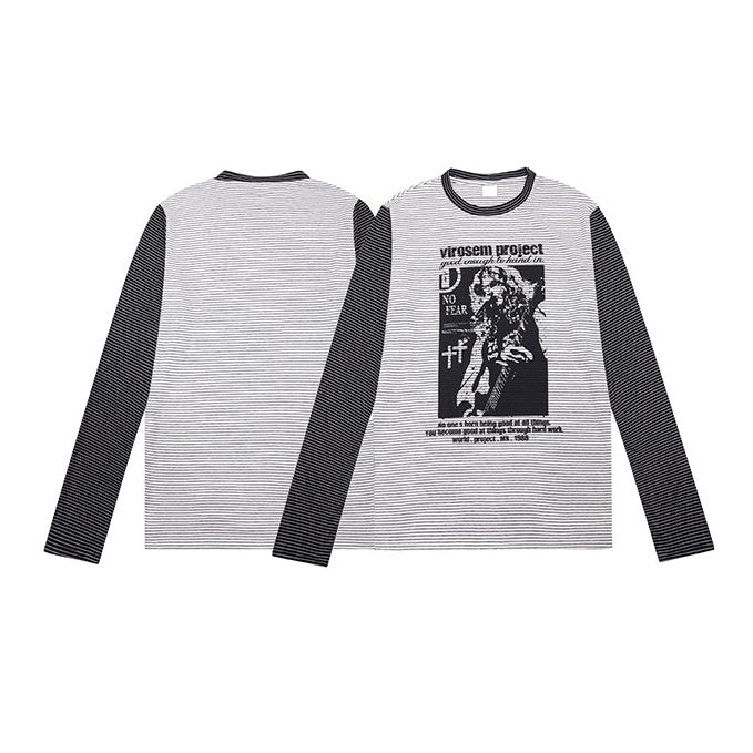 Character Print Patchwork Border Long Sleeve T-shirt MN9030