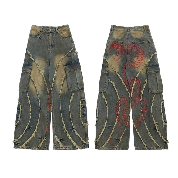 Pigment Print Raw Edge Wide Cargo Jeans MN9047
