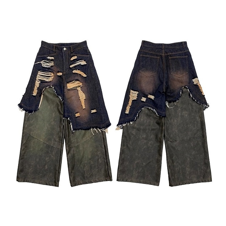 Wide-leg Spliced Leather Denim Pants MN9028