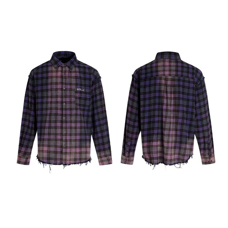 Washed Distressed Plaid Long-sleeved Shirt MN9035