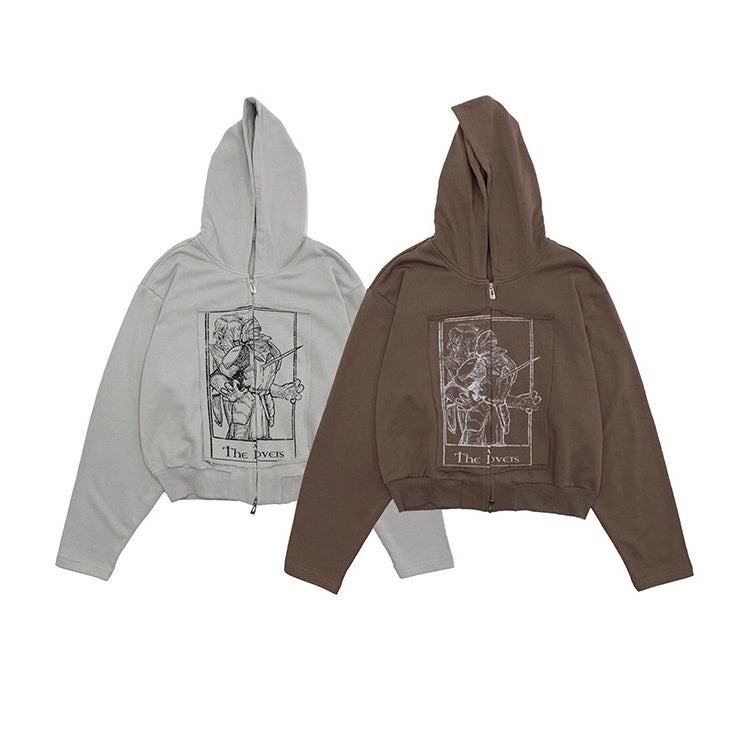 Monotone Print Double Zip Shorts Hooded Sweat MN9027