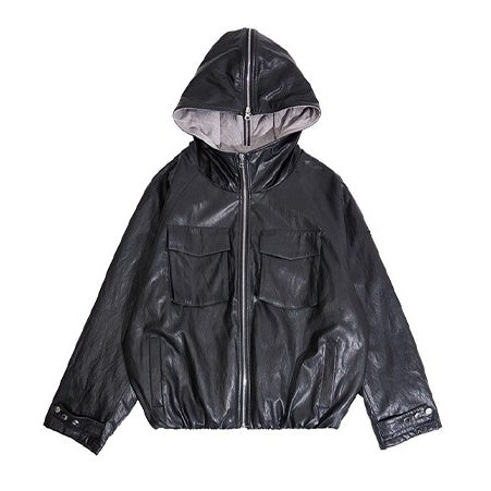 Zipper Split Hood PU Leather Jacket EZ261