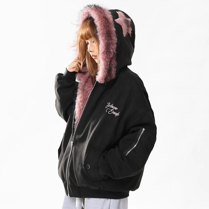 Letter Embroidery Carving Fur Collar Hooded Jacket MW10294