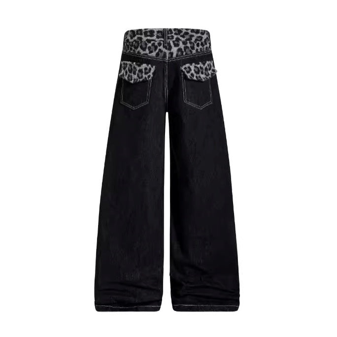 Plush Leopard Print Stitching Scimitar Jeans BK7045