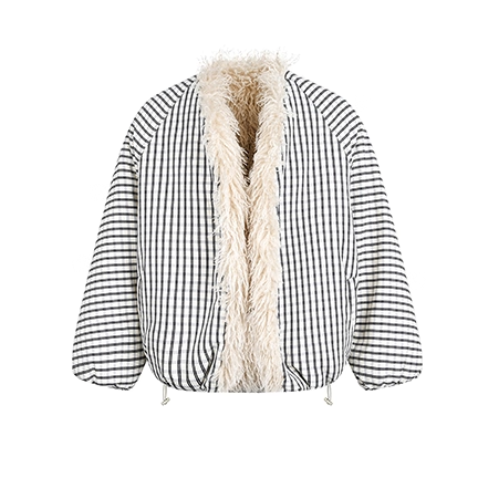 Plaid Fur No-Collar Padded Jacket EZ292