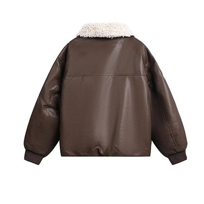 Contrast Lapel PU Leather Jacket EZ255