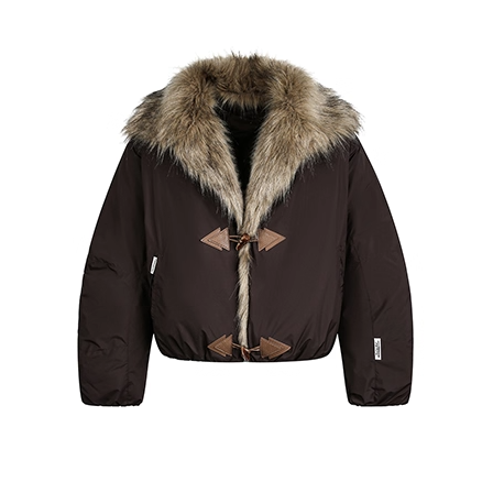 Fluffy Large Lapel Horn Buckle Cropped Jacket EZ289