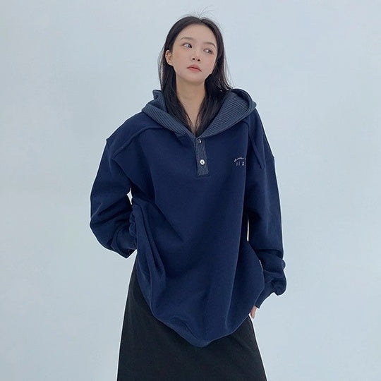 Knit Patchwork Design Oversize Hoodie OS2066