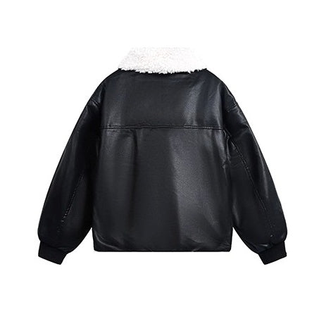 Contrast Lapel PU Leather Jacket EZ255