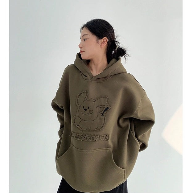 Retro Patch Embroidery Cartoon Plush Hoodie OS2070
