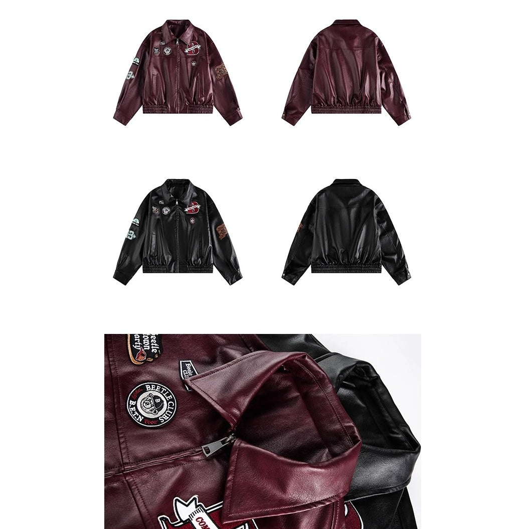 Vintage PU Leather Loose Embroidered Jacket OS2028