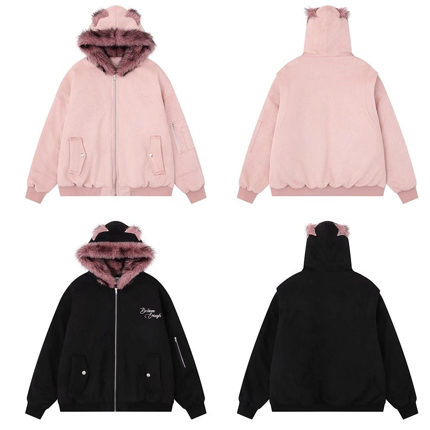 Letter Embroidery Carving Fur Collar Hooded Jacket MW10294