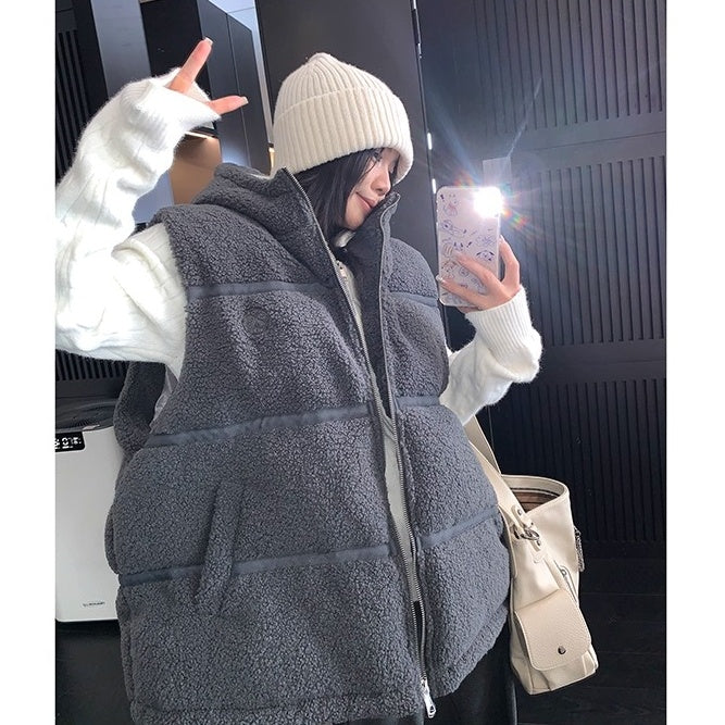 Loose Hooded Boa Padded Vest OS2073