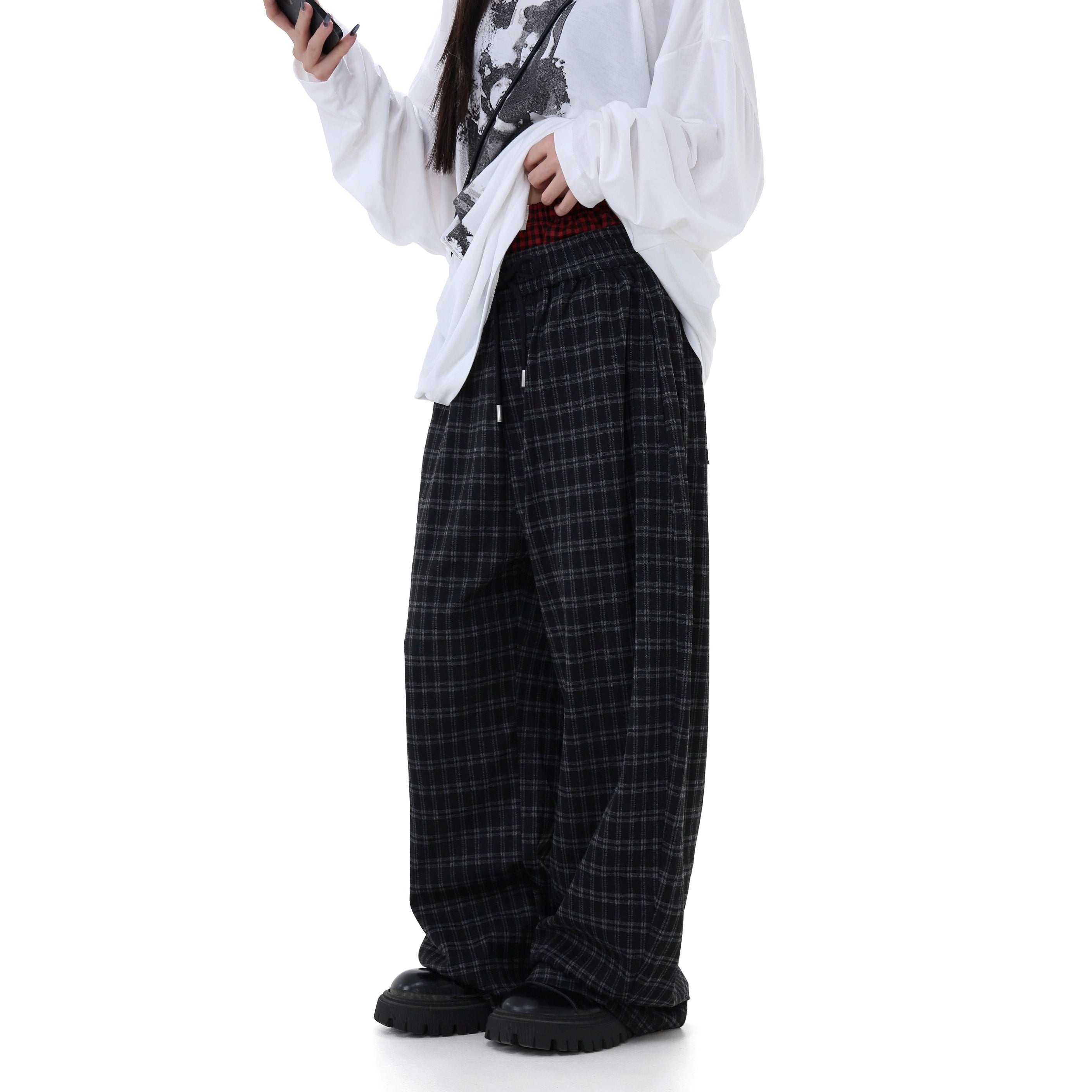 Elastic Waist Plaid Wide-leg Pants GB7038