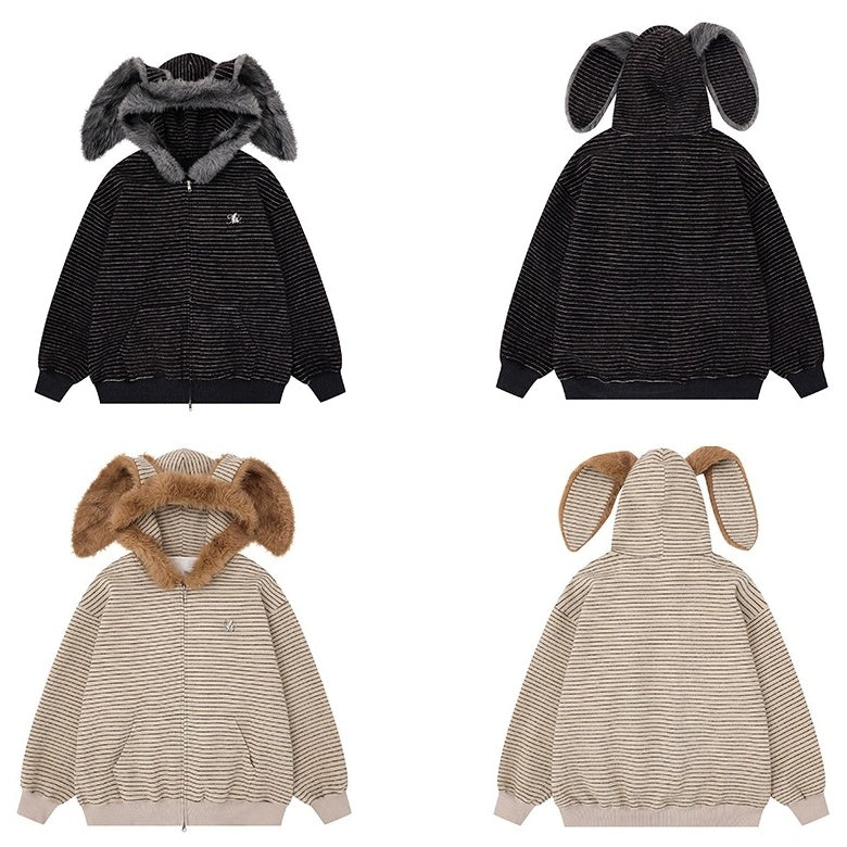 Fur Collar Rabbit Ear Border Zip Hooded Parka MW10293