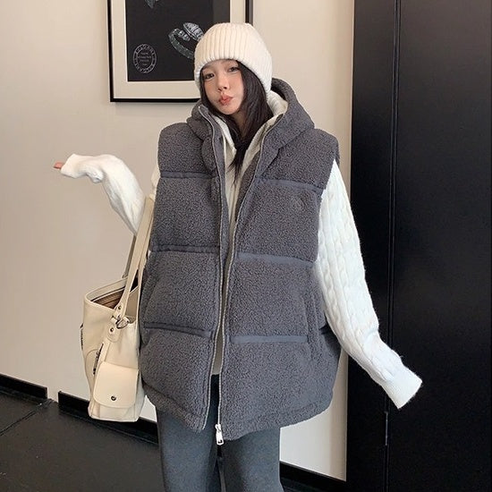 Loose Hooded Boa Padded Vest OS2073