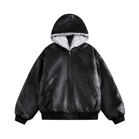Furry Hooded PU Leather Loose Jacket EZ288
