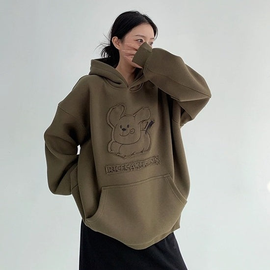 Retro Patch Embroidery Cartoon Plush Hoodie OS2070