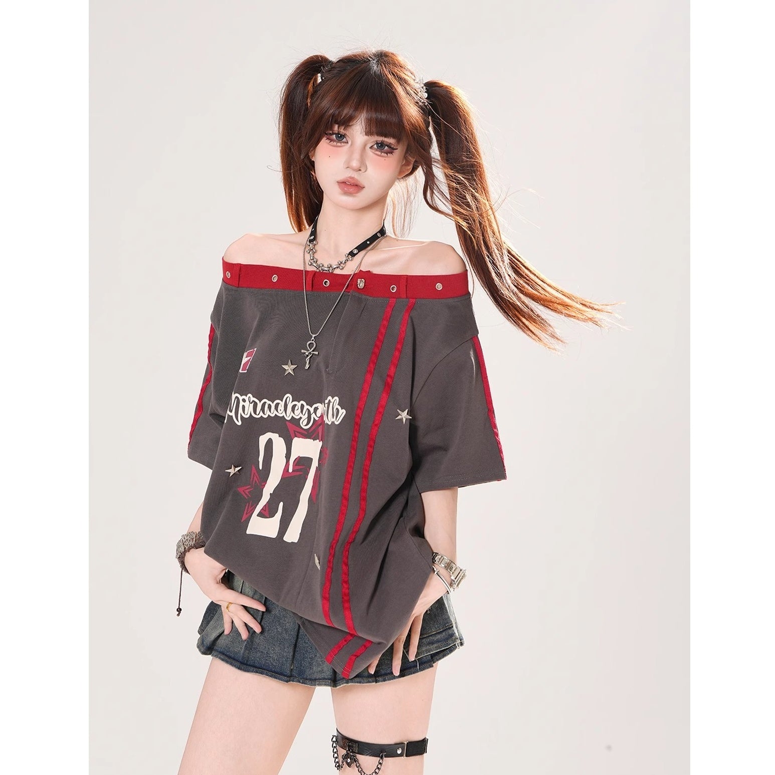 Off-Shoulder American Print T-Shirt KK2069