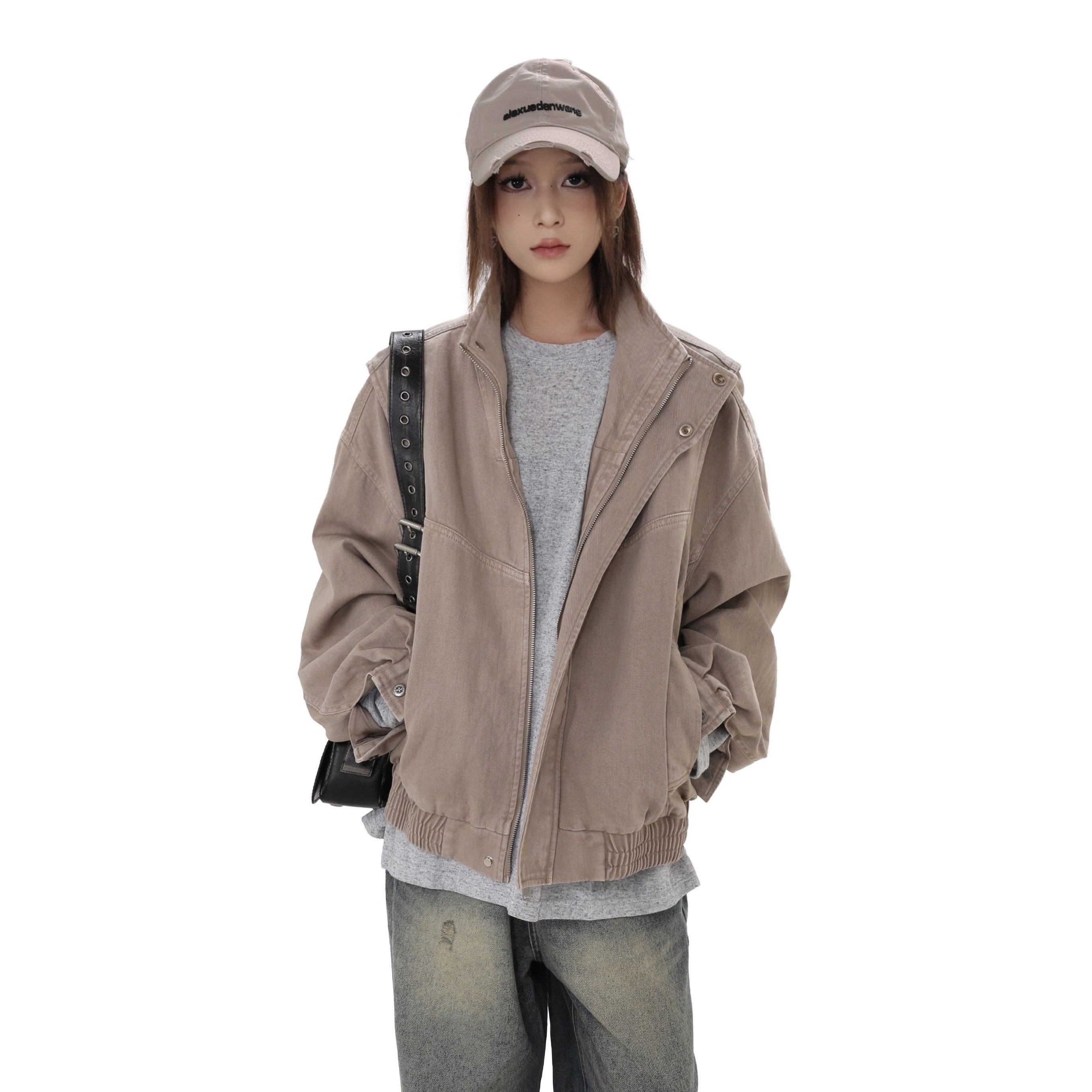 Washed Stand Collar Loose Denim Jacket GB7039