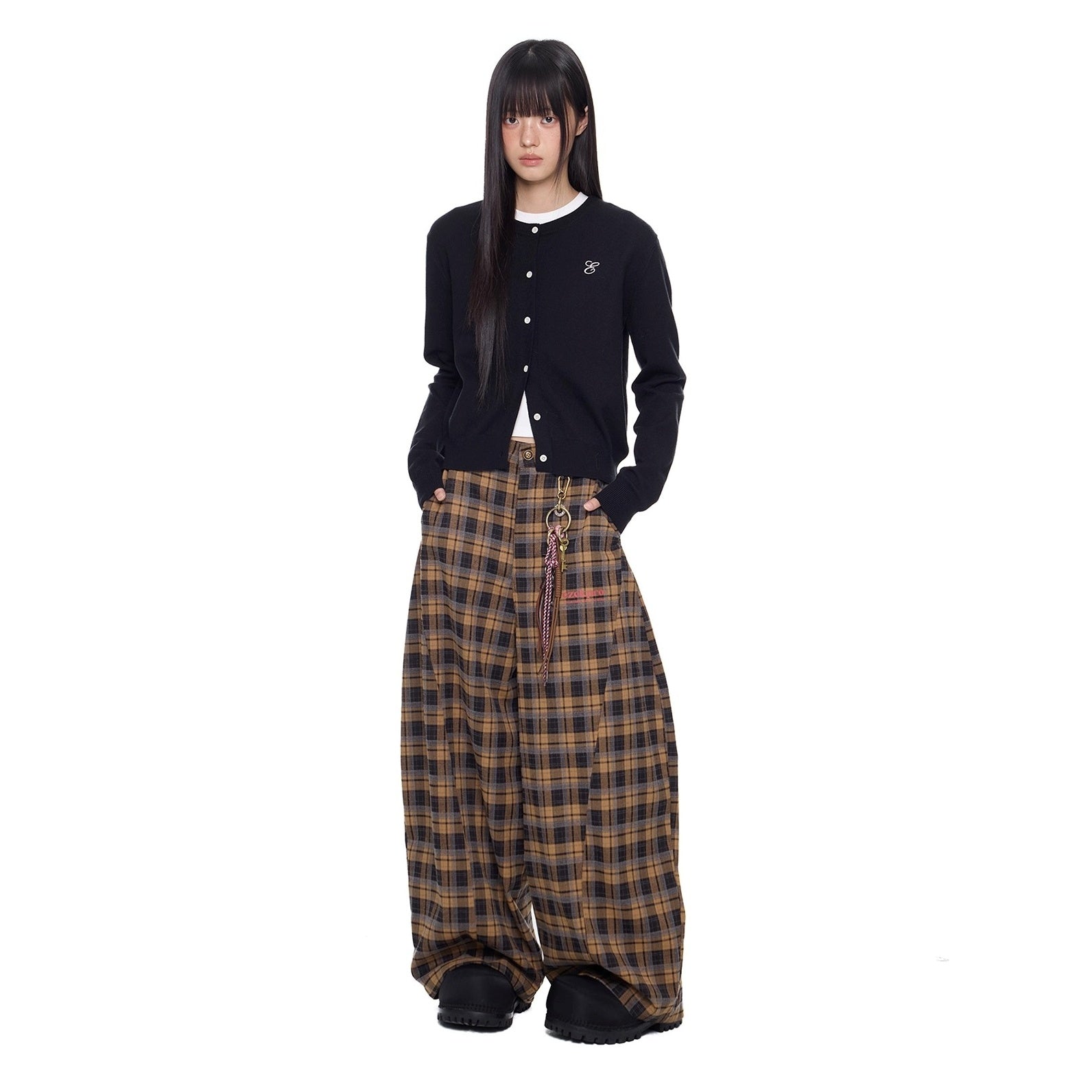 Retro Plaid Switching Wide Curve Pants EZ268