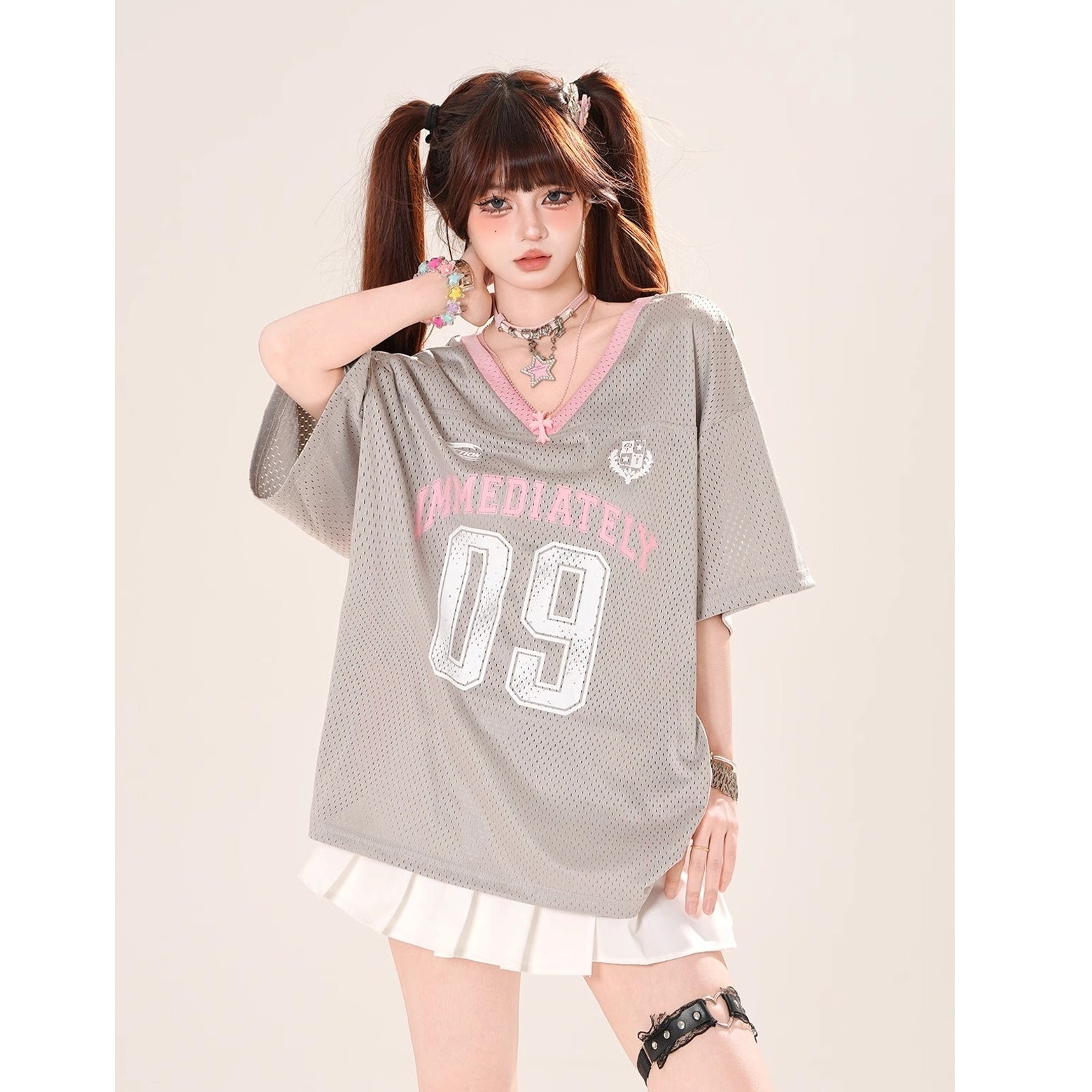 Drop-shoulder V-Neck Mesh T-Shirt KK2070