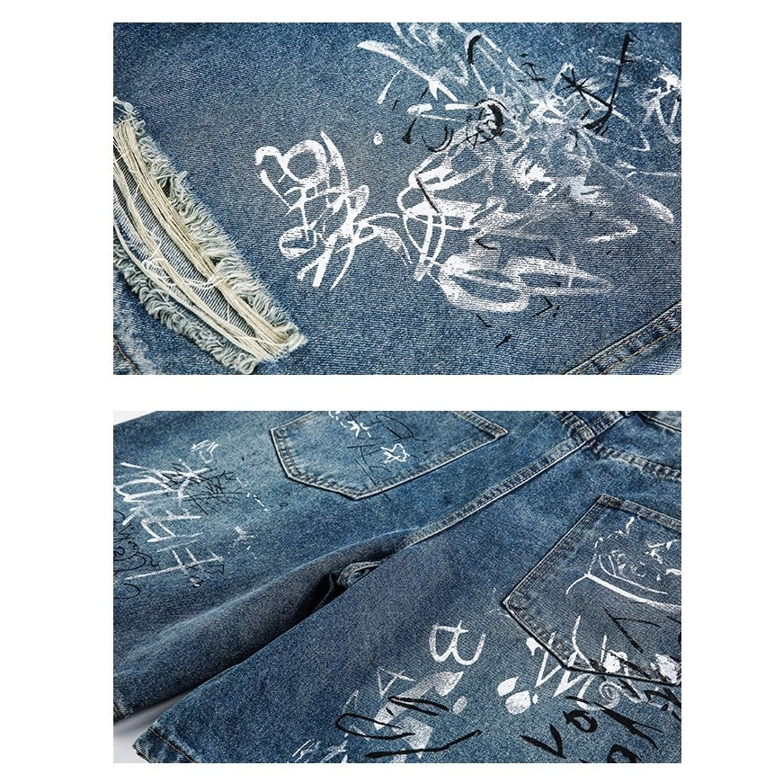 Graffiti Paint Ripped Denim Shorts MW10153