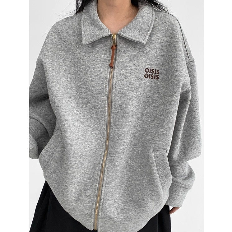 Drop Shoulder Embroidered Lapel Sweat Jacket OS2040