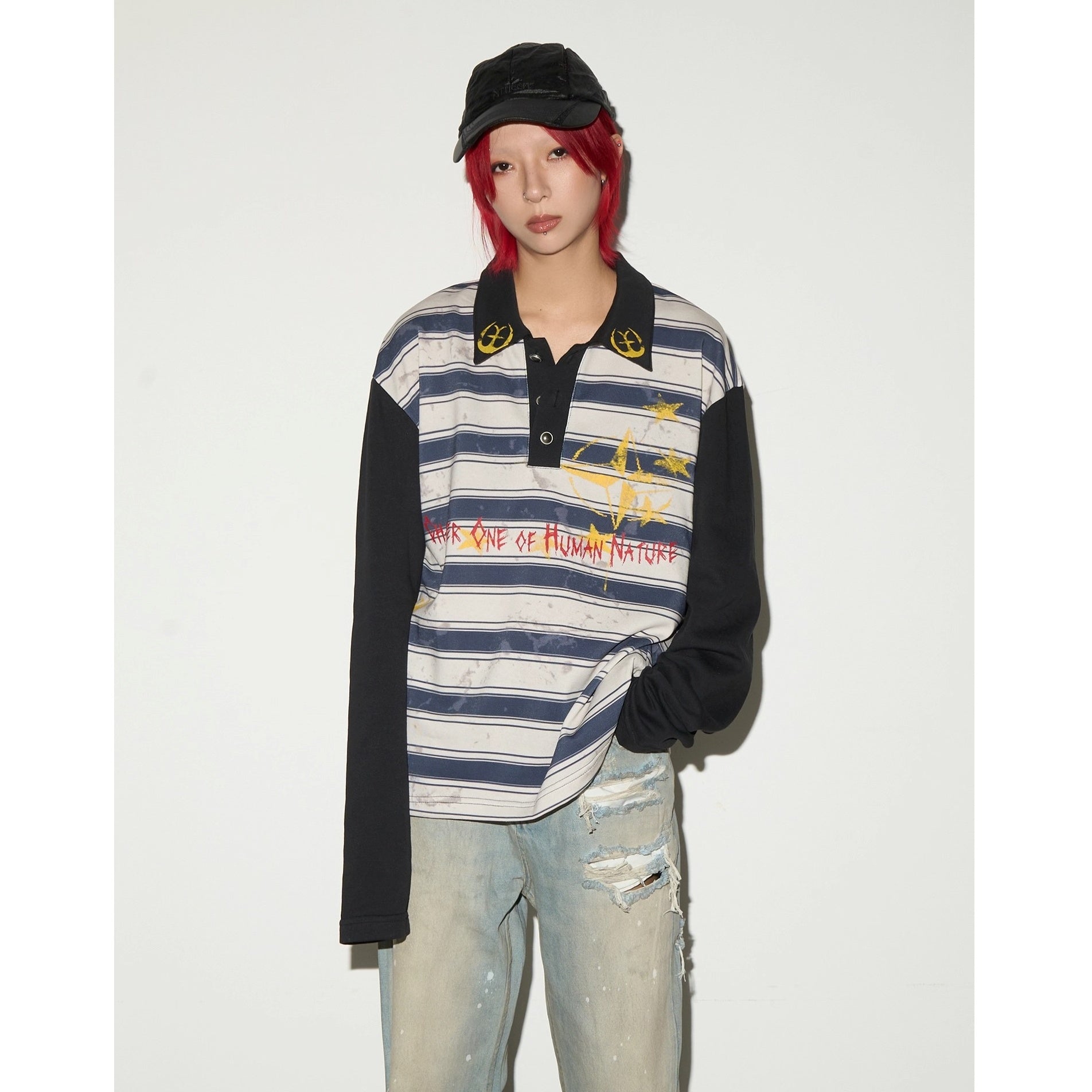 Dirty Layers Print Border Polo Collar T-shirt MN9025