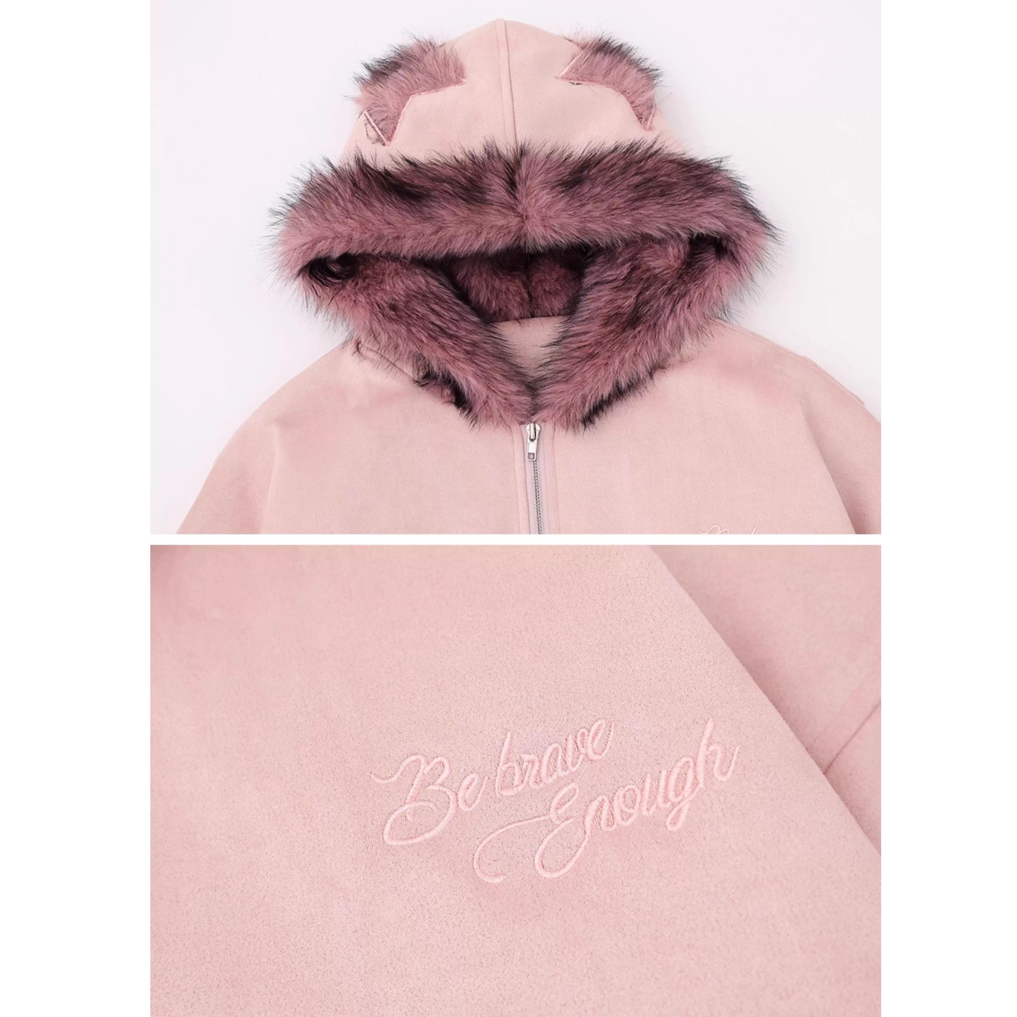Letter Embroidery Carving Fur Collar Hooded Jacket MW10294