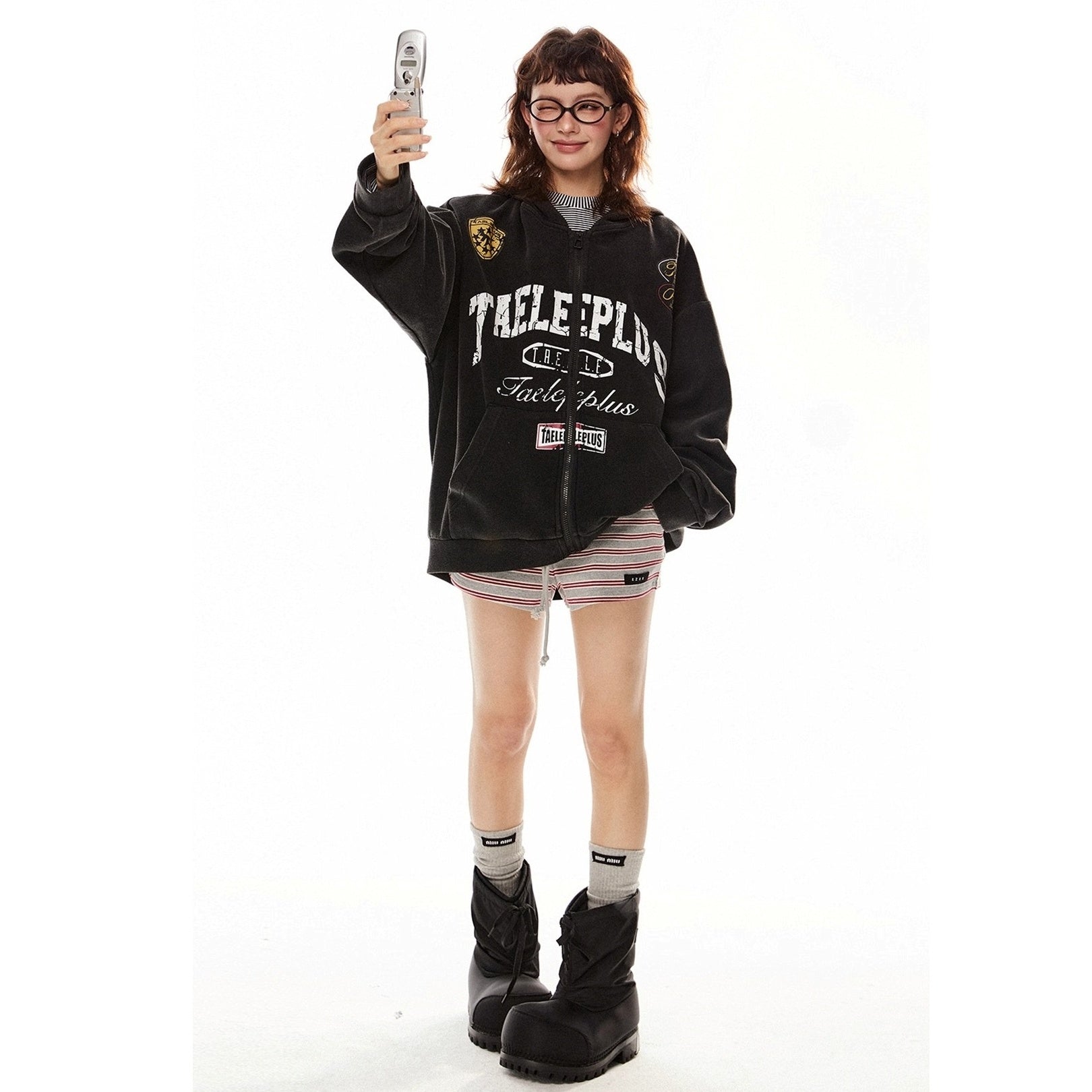 Letter Print Washed Hoodie Jacket MW10276