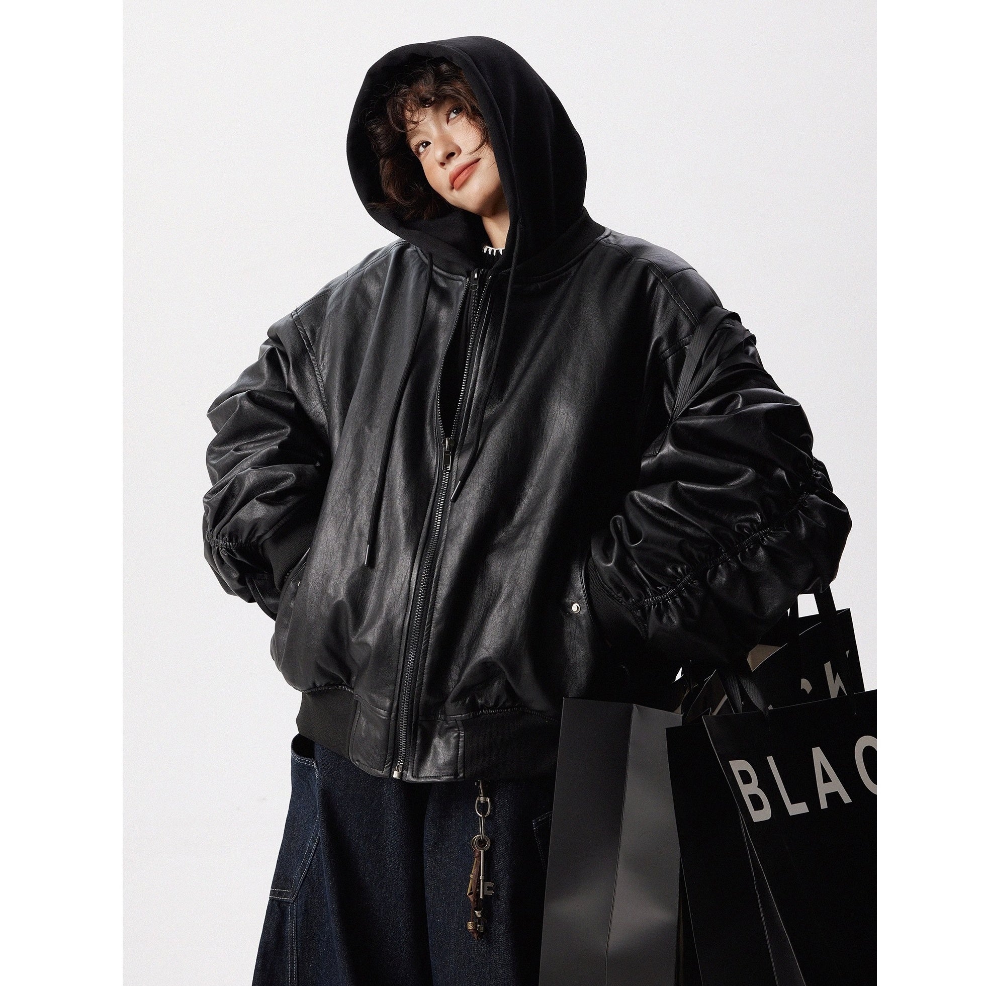 Fake Layered Design Hooded PU Leather Jacket MW10297