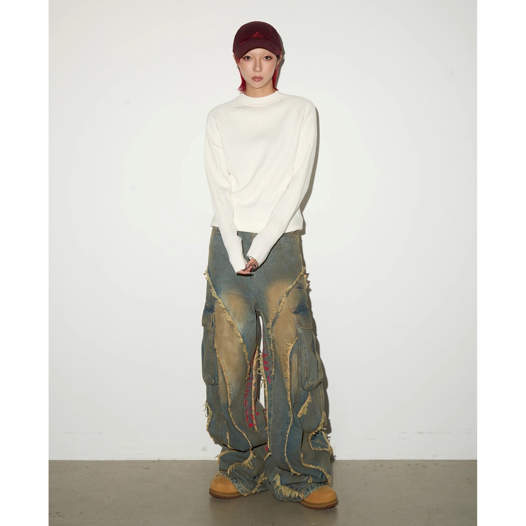 Pigment Print Raw Edge Wide Cargo Jeans MN9047