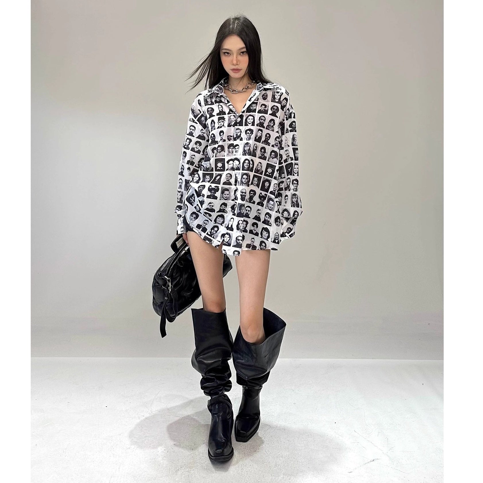 Full Of Printed Face Loose Long-sleeved Shirt CC1003