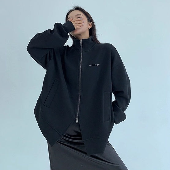 Double Zipper Stand Collar Loose Jacket OS2041
