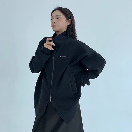 Double Zipper Stand Collar Loose Jacket OS2041