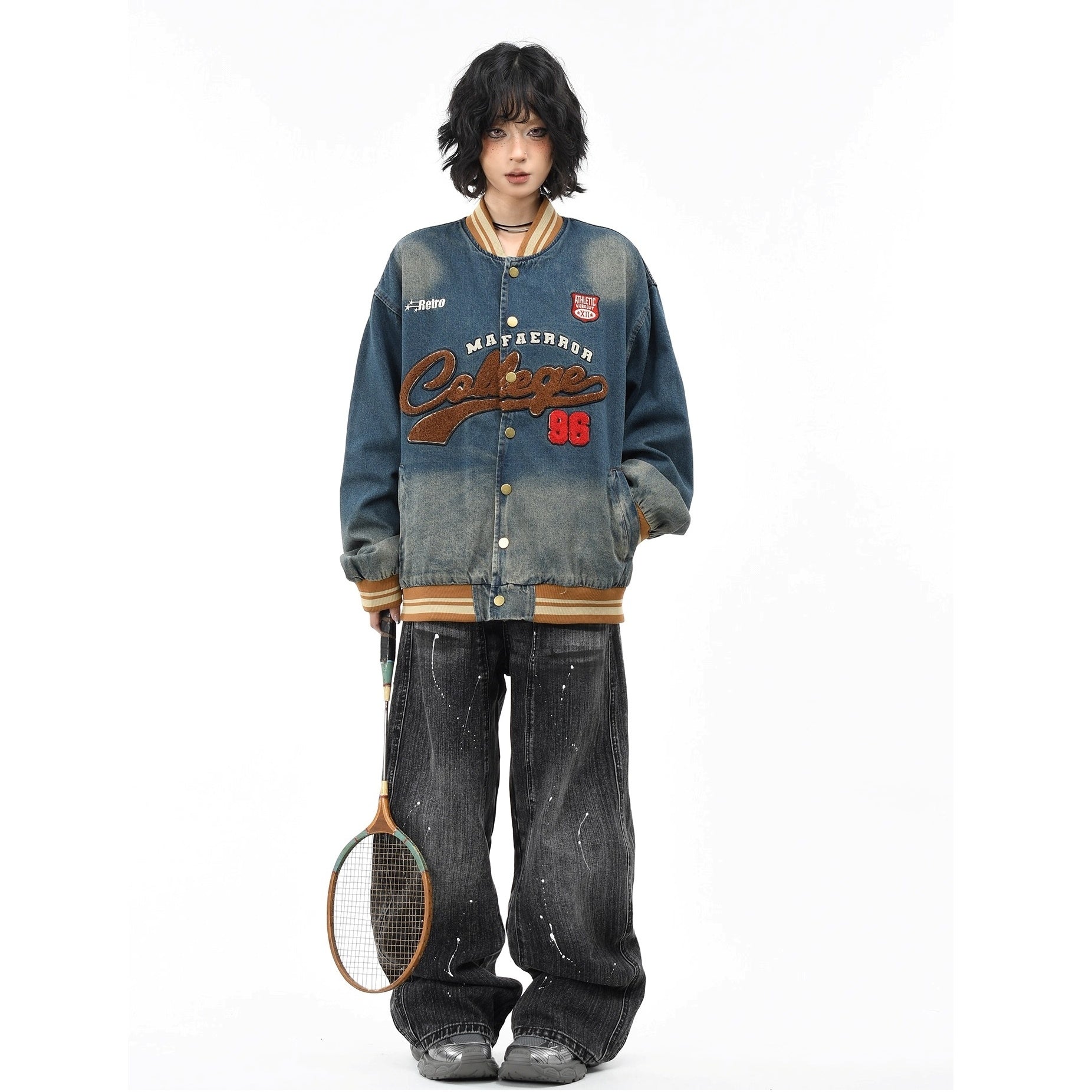 Retro Washed Embroidered Denim Baseball Jacket MW10303