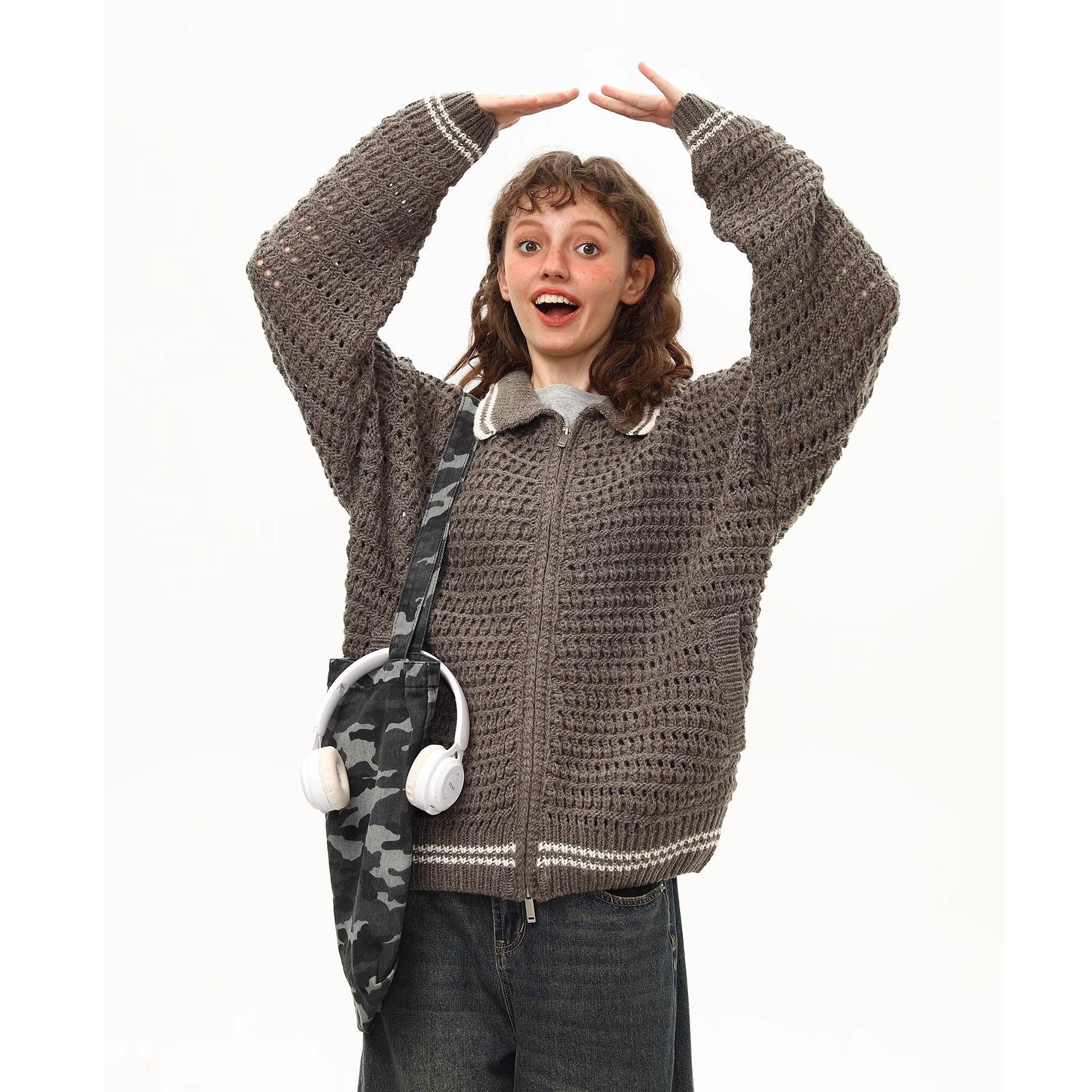 Vintage Polo Collar Crochet Knit Jacket MW10264