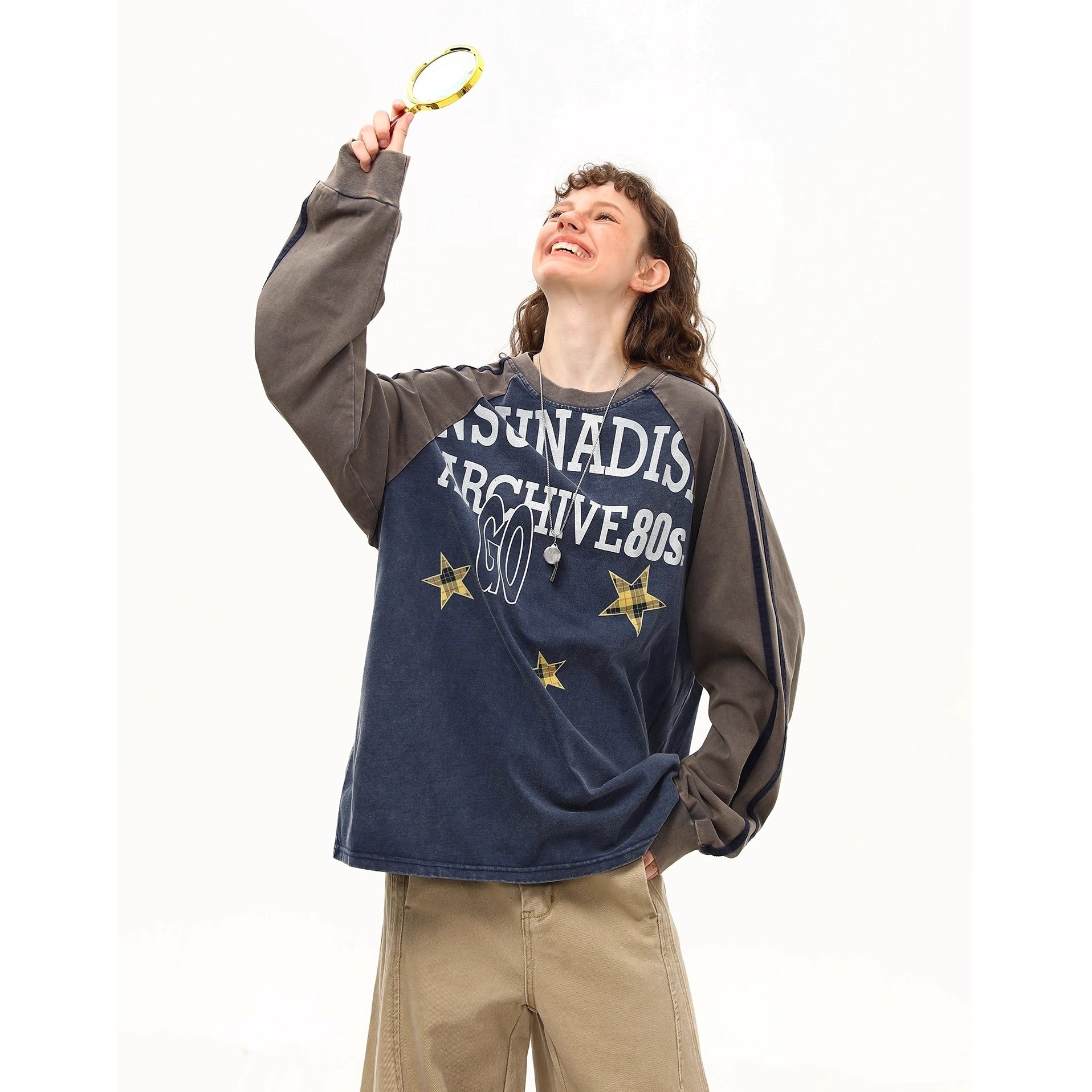 Retro Washed  Raglan Long Sleeve Print T-shirt MW10250