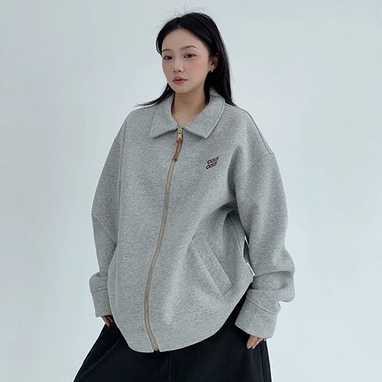 Drop Shoulder Embroidered Lapel Sweat Jacket OS2040
