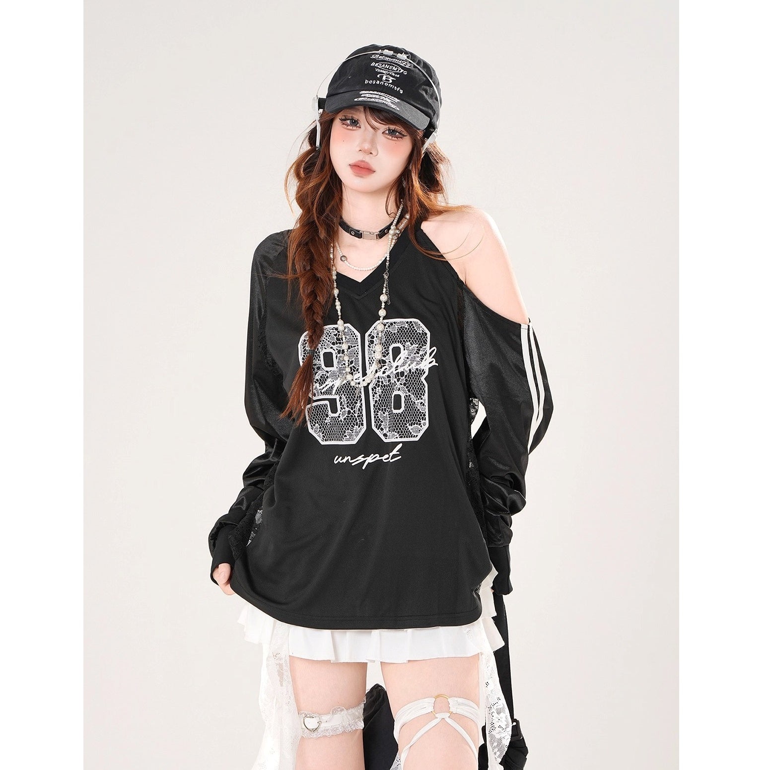 Lace Embroidered Cut-shoulder Loose V-neck Top KK2075