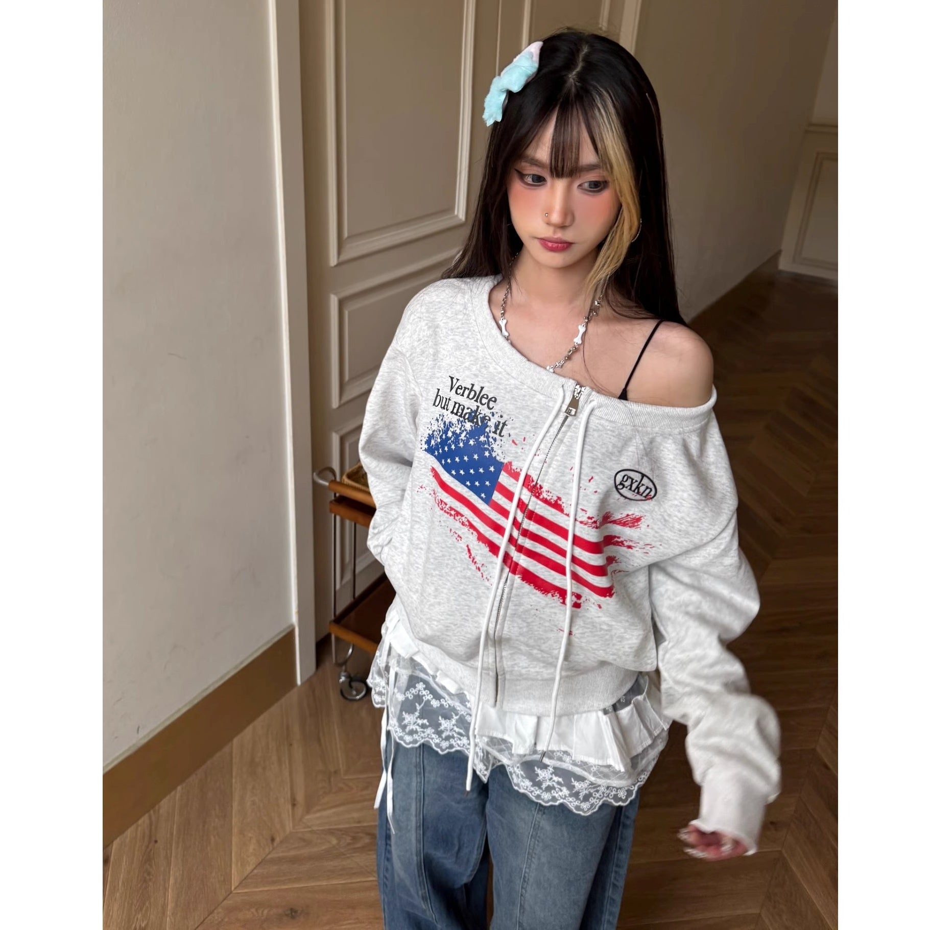 American Letter Print Zipper Sweat Cardigan MW10267