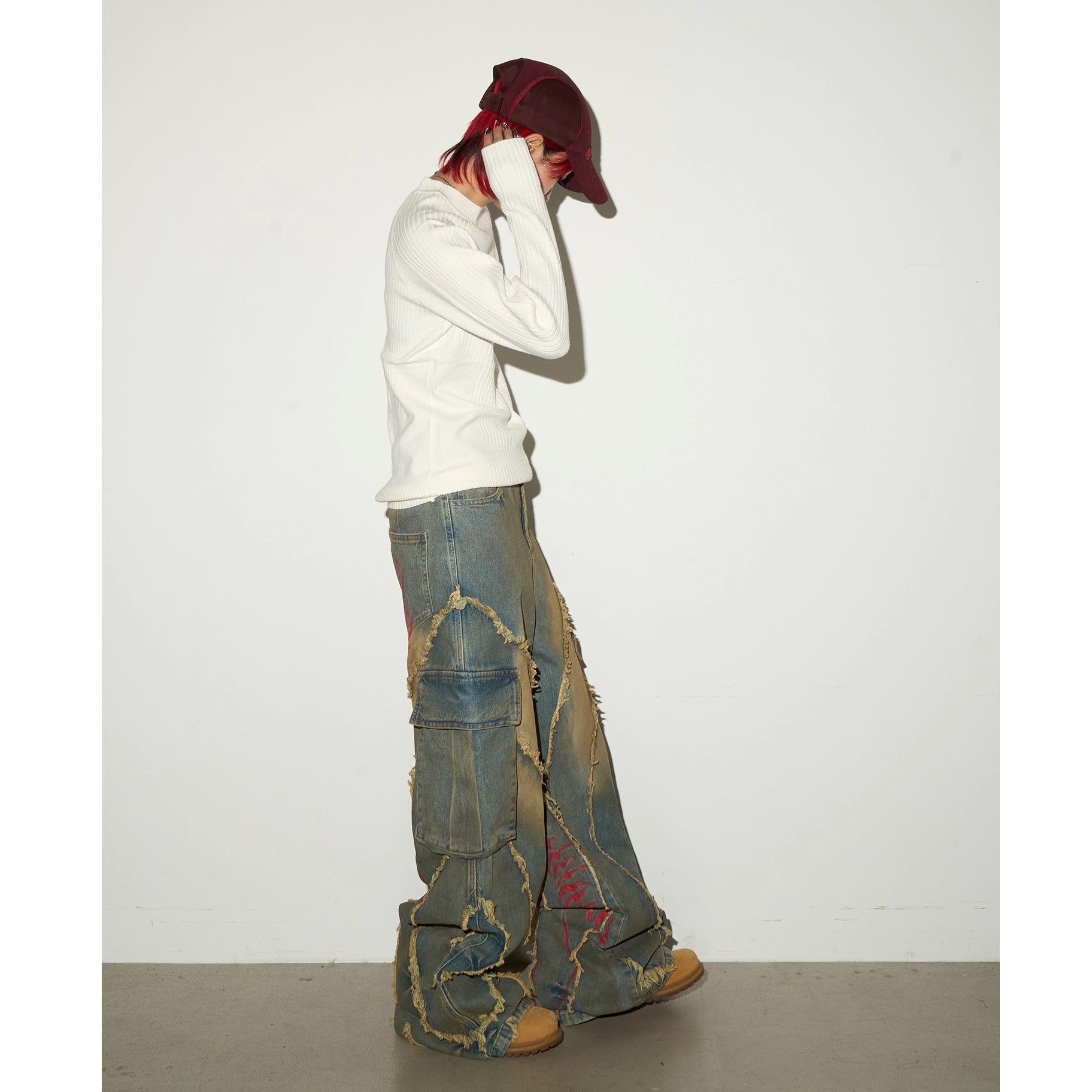 Pigment Print Raw Edge Wide Cargo Jeans MN9047